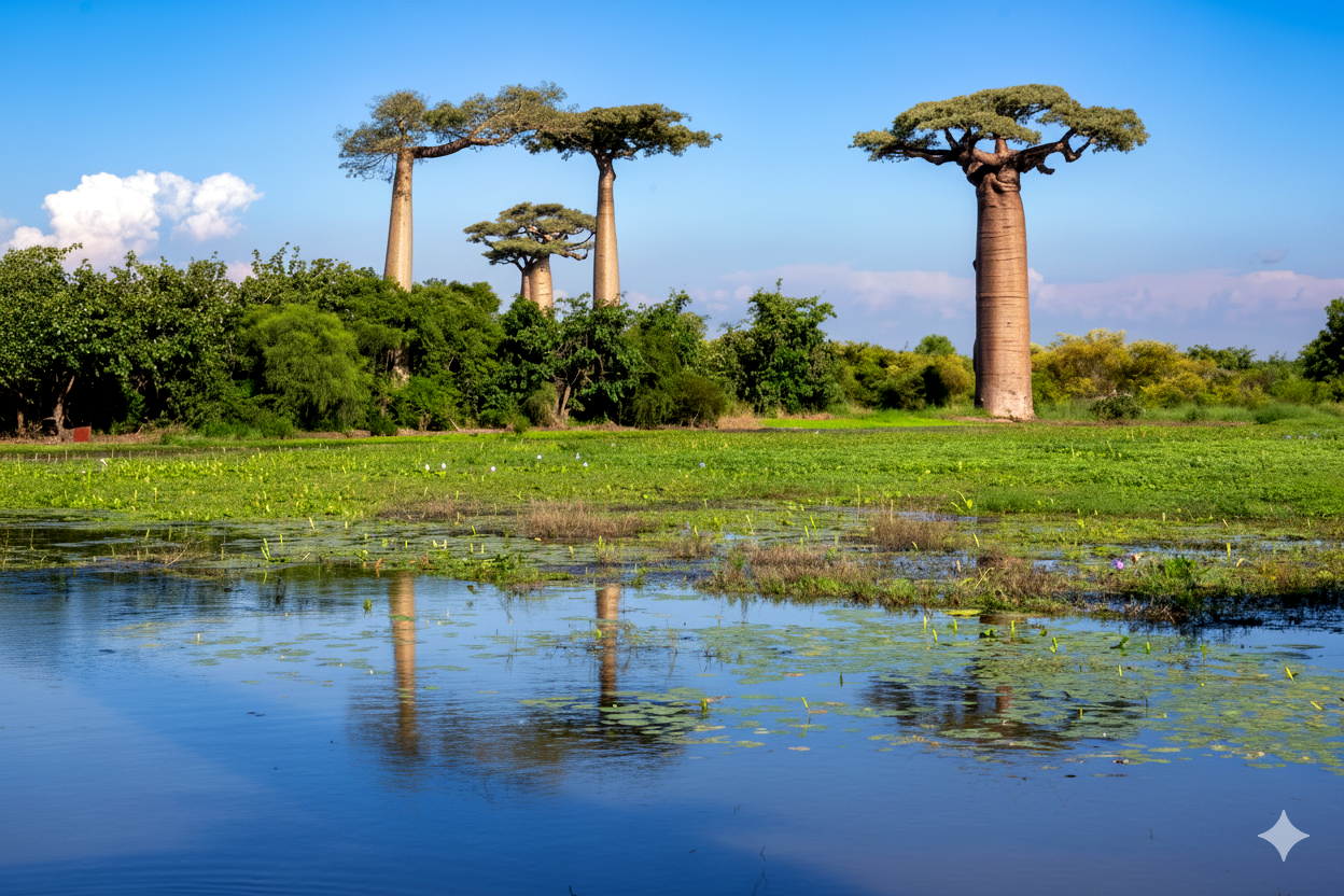 Baobabs au bord de l'eau avec reflets